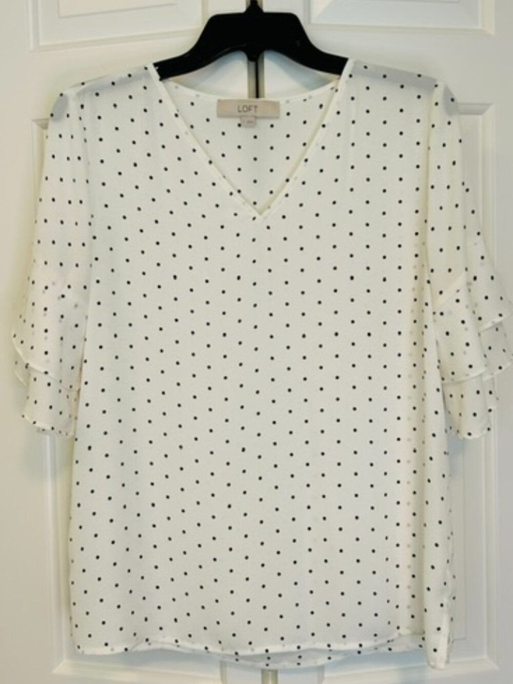 LOFT Polka Dot Double Tiered Flounce Ruffle Sleeve V-Neck Blouse S
